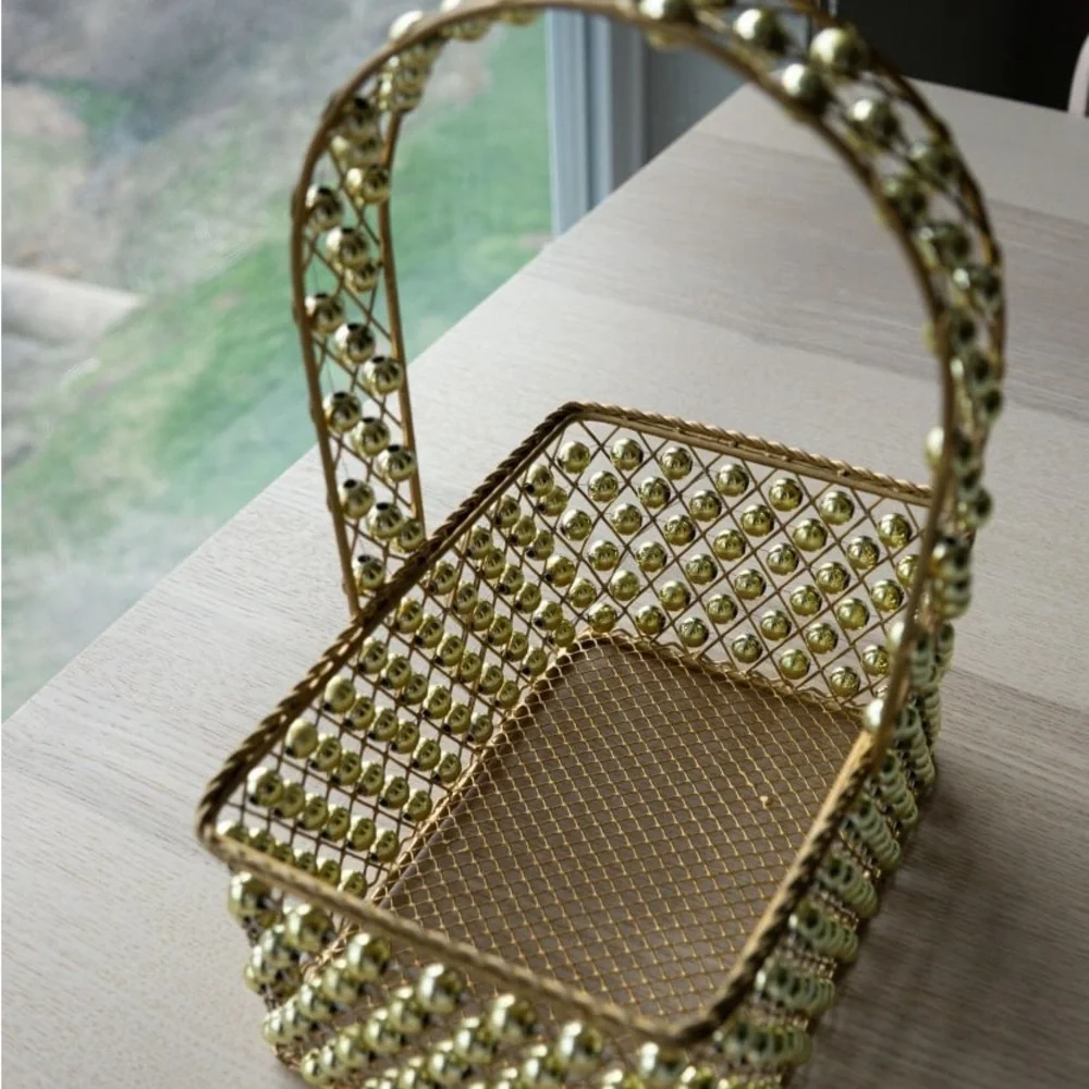 Gold Beaded Wire Decorative Basket with Handle